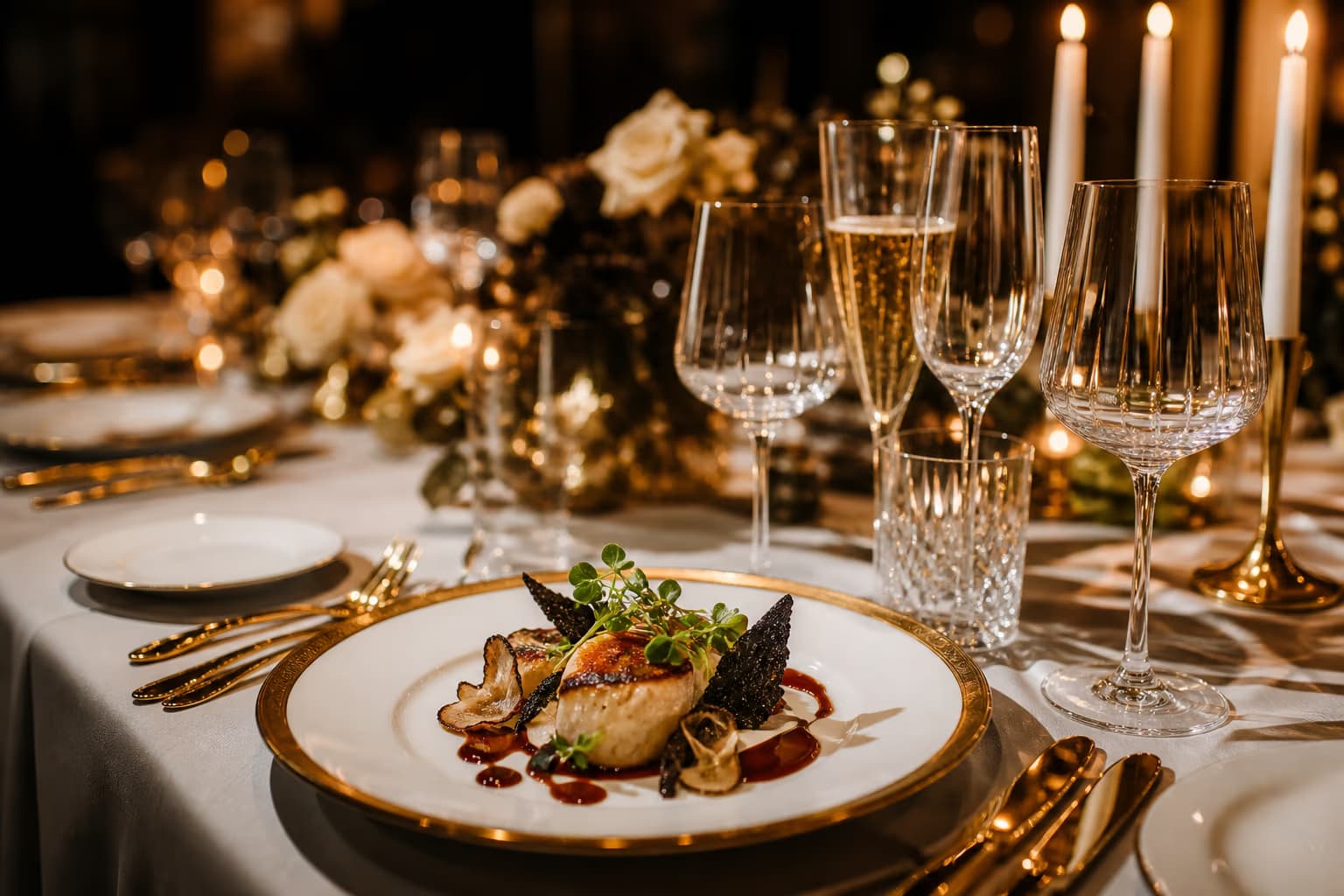 Table de réception dressée par Luxe-Traiteur — vaisselle dorée, verrerie cristal et plat gastronomique aux chandelles à Paris
