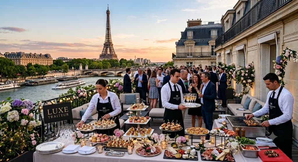 Traiteur rooftop Paris Tour Eiffel Traiteur événement rooftop Paris avec vue Tour Eiffel — buffet cocktail Luxe-Traiteur